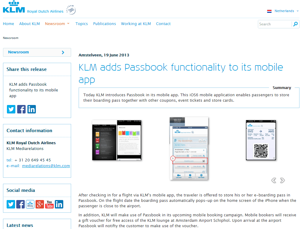 KLM adds passbook functionality